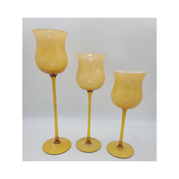 Vintage Carlo Morretti Italy 3 Long Stem Cased Ombre Carmel Glass Candle Holders - Picture 1 of 7